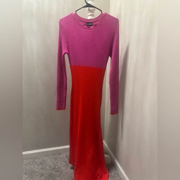 Scoop Red Pink Colorblock Long Sleeve Ribbed Knit Maxi Dress | Size Medium - Picture 1 of 12